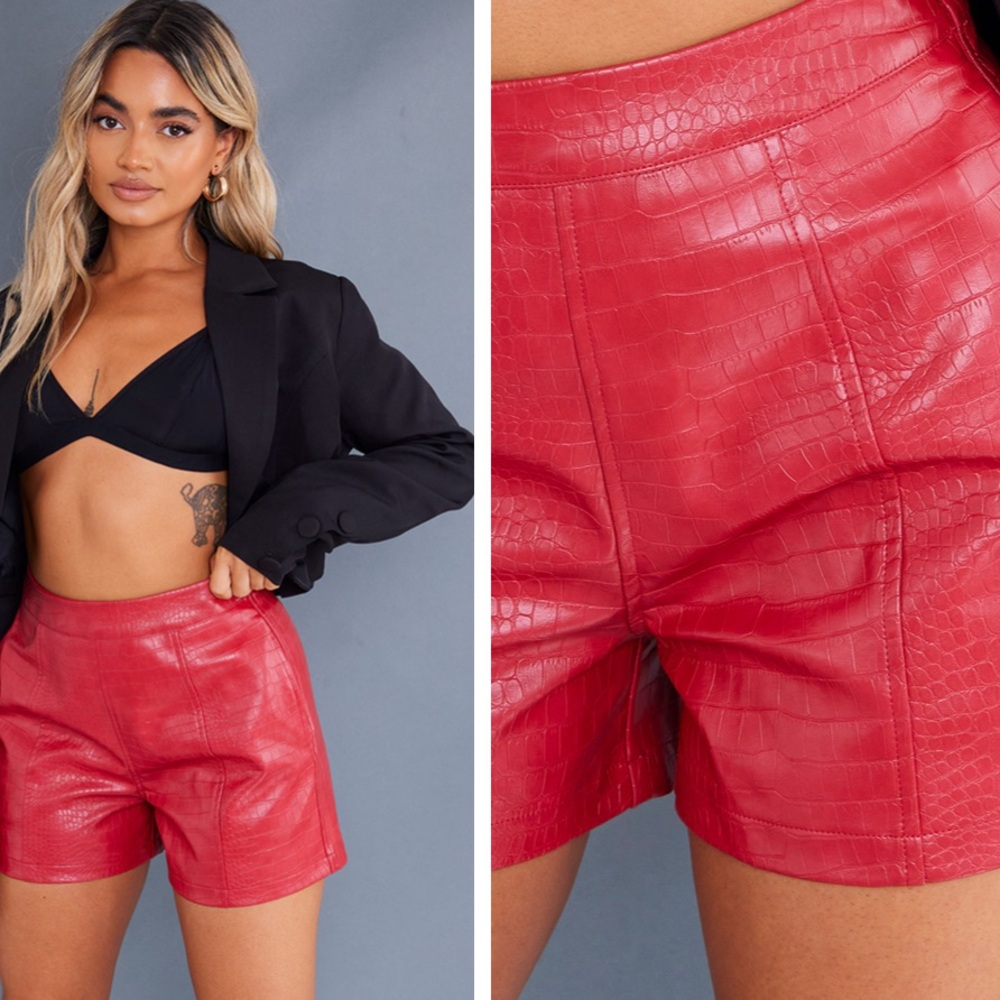 PrettyLittleThing red croc print high waisted faux leather shorts Size 10P